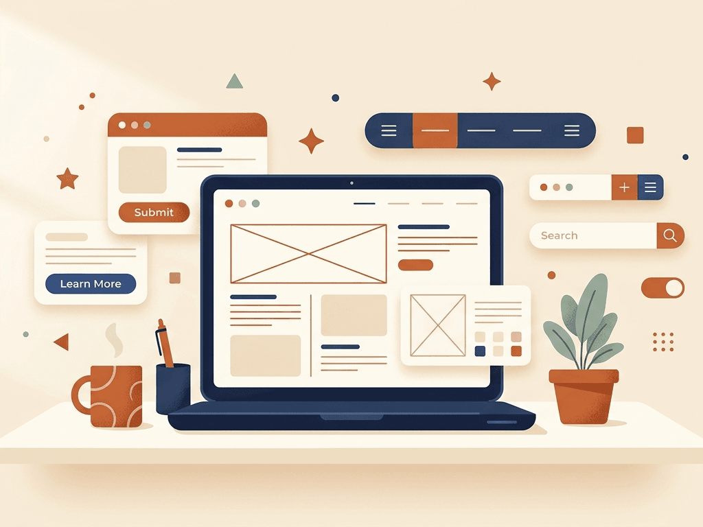 Illustration of a workspace with a laptop and floating website elements